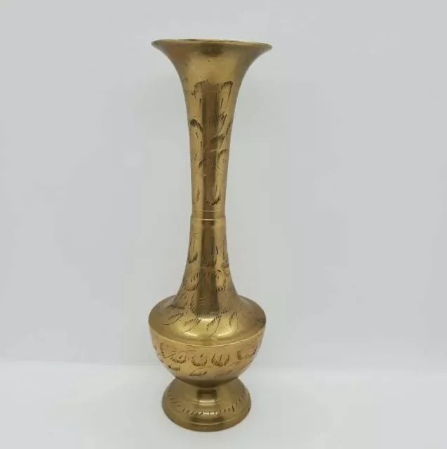 Brass Etched Trumpet Vase Made in India 8.25" Tall Vintage