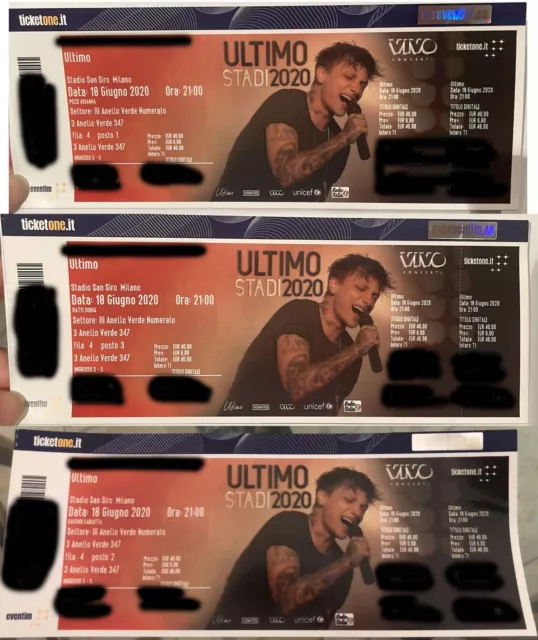 3 biglietti concerto Ultimo a Milano (San Siro) il 23 Luglio