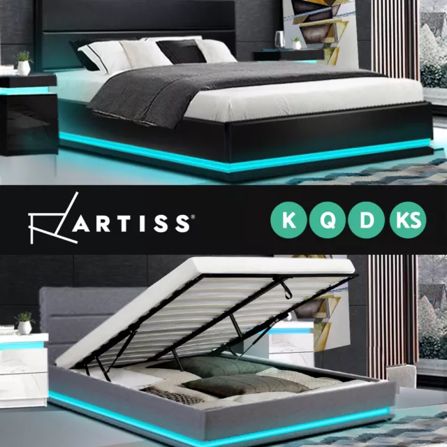 Artiss Bed Frame Queen Double King Single RGB LED Gas Lift Base Storage LUMI
