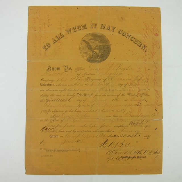 1865 Civil War Soldier Discharge Paper Document George W. Voglar Indiana 124th