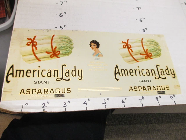 AMERICAN LADY giant asparagus 1930s metal tin can food paper label