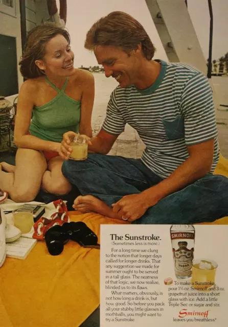 Smirnoff Vodka Sunstroke Couple Towel Harbor Vintage Print Ad 1974