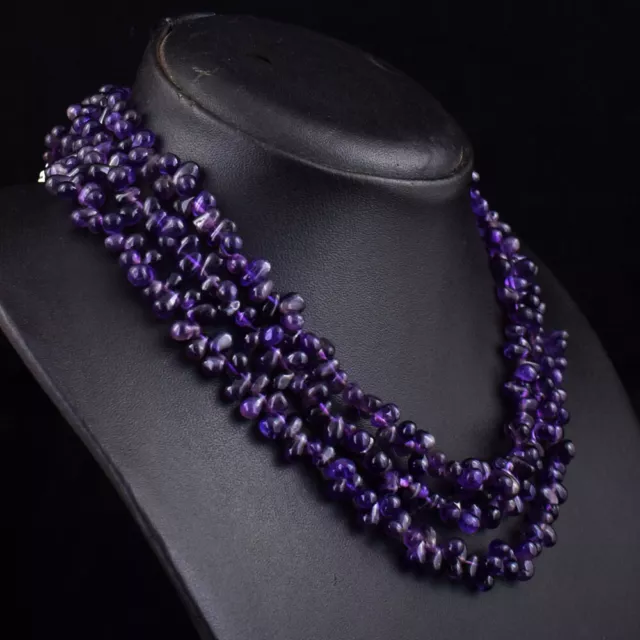 Untreated 387 Cts Earth Mined 3 Strand Purple Amethyst Beaded Necklace SK 34E451