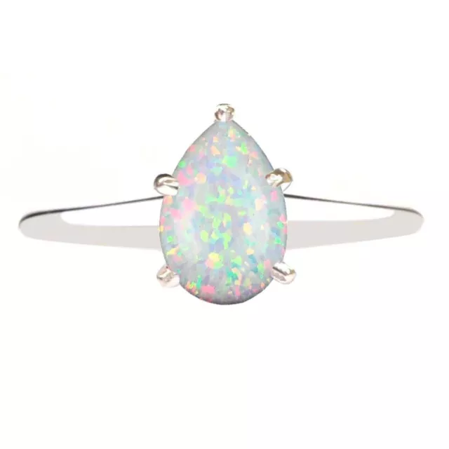 14KT White Gold & 1.00Ct Pear Shape 100% Natural Australian Opal Solitaire Ring