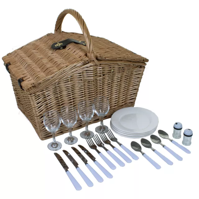 4 Person Traditional Picnic Basket Gift Hamper Wicker Willow Cutlery Plate Glass