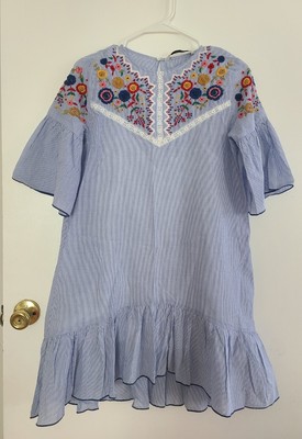 Zara Women's Dress Size S Prairie Floral Embroidery Ruffle Stripe Blue White