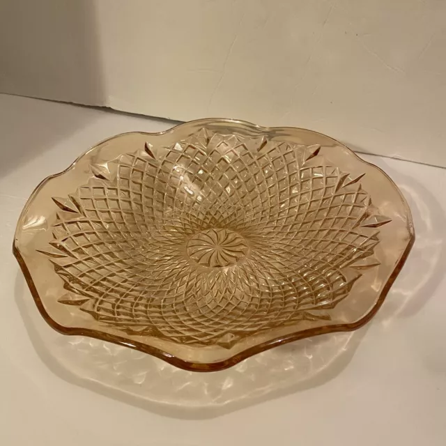 Vintage Sowerby Marigold Carnival Glass Ruffled Low Bowl - Diamond & Pinwheel