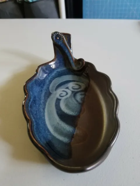 8" Long Avlo Blue Brown  Multicolored Geometric Pottery Ceramic Relish Soap Dish