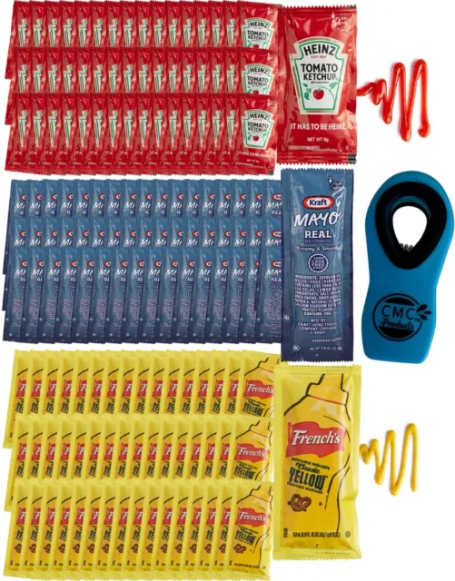 150 Total Packets/50X50X50 Heinz Ketchup, French's Mustard, & Kraft Mayo w/clip