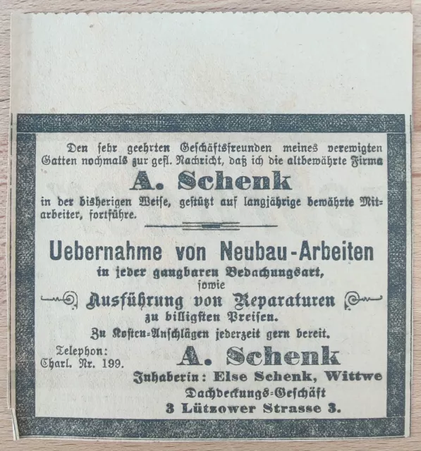 Zeitungausschnitt Werbung August Schenk Dachdeckermeister Charlottenburg 1900
