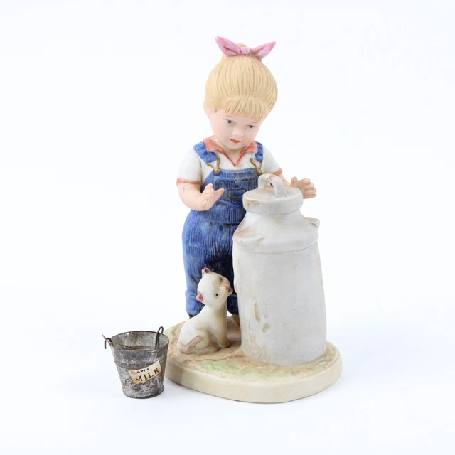 Vintage 1985 Denim Days Morning Chores Debbie w/ Milk & Cat Porcelain By Homco
