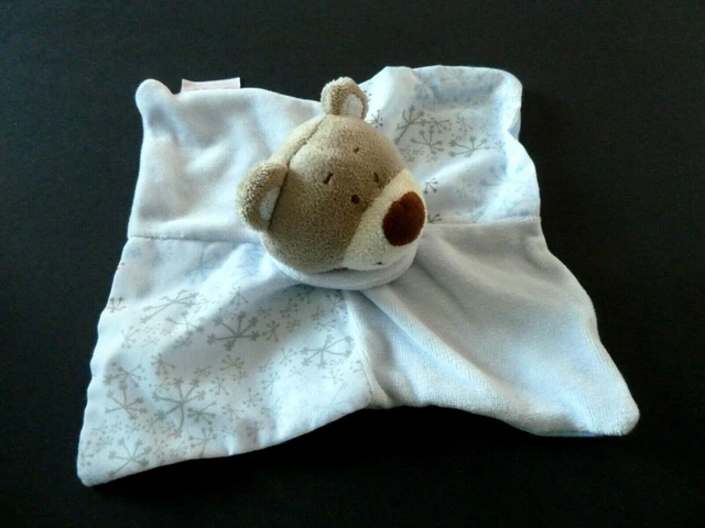 * Doudou Plat Carre Bengy Ours Marron Bleu Blanc Flocon Givre - Excellent Etat