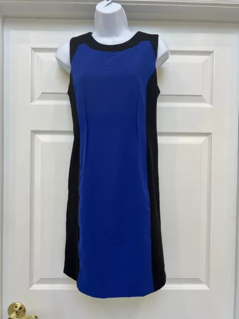 EUC Calvin Klein Sheath Dress Blue Black Sleeveless Dress Size 8P 8 Petite Lined