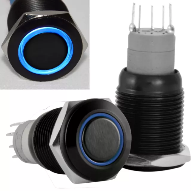 16mm 12V LED Momentary Push Button Black Metal Power Switch, Blue 2