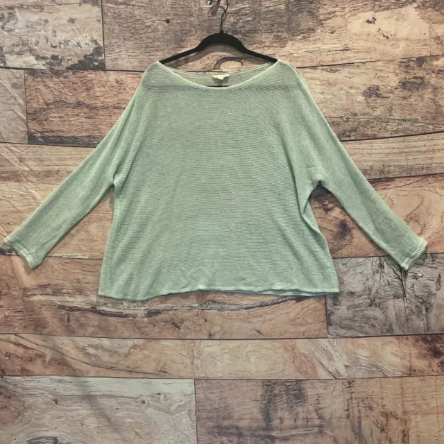 Eileen Fisher Sz M 100% Organic Linen Open Knit Boxy Sweater Top Cerise Sea foam