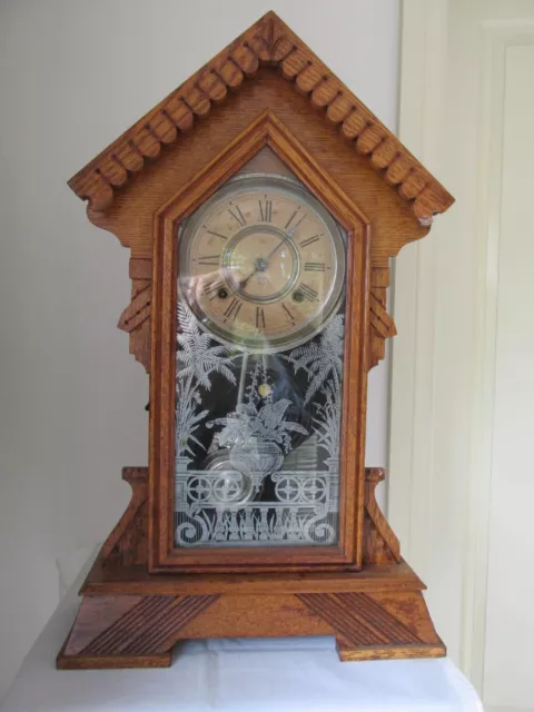 Vintage  Ansonia  Clock Co Eight Day Strike Clock AS IS Beautiful Etched Glass