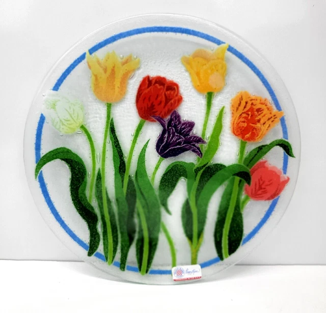 Peggy Karr Fused Art Glass Plate Tulip Floral Design Round 11.25” New w/Sticker