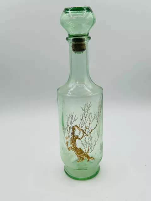 Vintage 1960's Green Glass Liquor Alcohol Decanter Gold Tree White Blossom