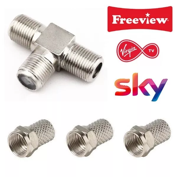 F Type Tee Junction Connector Splitter & 3 Plugs TV Virgin Cable Sky & Freeview