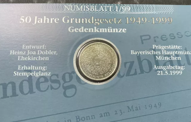 Sammlerstück  Numisblatt 1/1999 BRD,  50 Jahre Grundgesetz mit 10-DM-Silbermünze 2