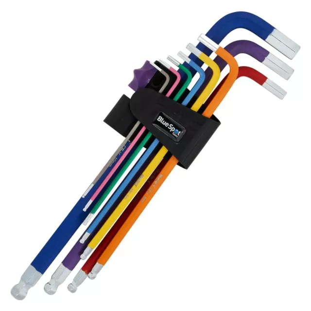 BlueSpot Extra Long Colour Coded Ball End Metric Hex Key Set 9pc 1.5-10mm