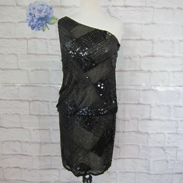 Pisarro Nights Black Beaded Sequin Silk Cocktail Dress size 8 New with Flaws
