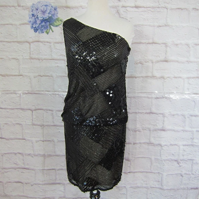Pisarro Nights Black Beaded Sequin Silk Cocktail Dress size 8 New with Flaws