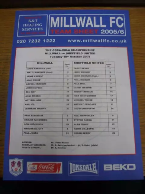 18/10/2005 Colour Teamsheet: Millwall v Sheffield United (folded)