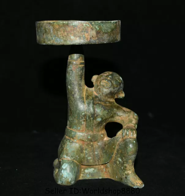 5" Old Chinese Bronze Ware Dynasty Kneel People Candle Holder Candlestick Statue