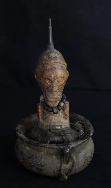 antique African, Songye Nkisi / Nkishi, fetish power figure in bowl / container