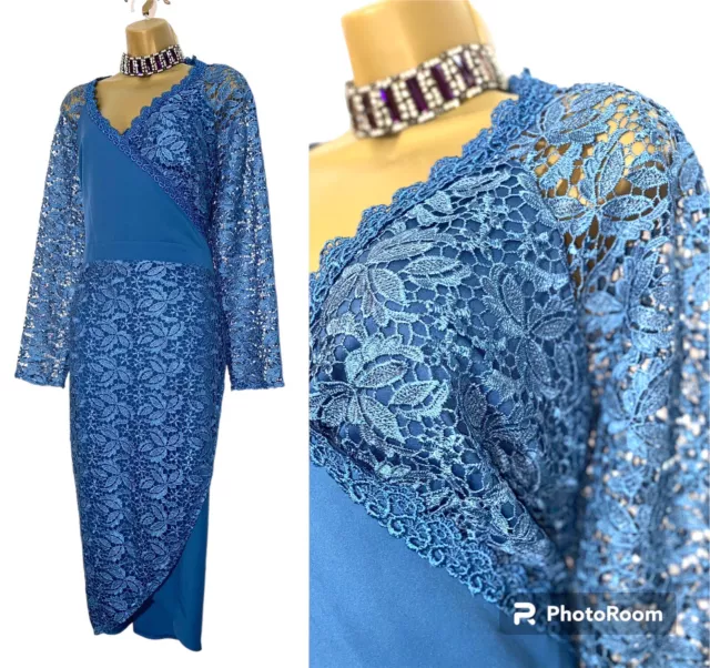 LITTLE MISTRESS Size 20 Blue Crochet Lace Midi Wrap Dress Cocktail Wedding Guest