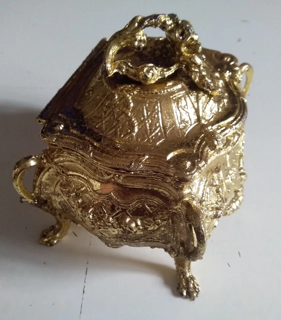 Boîte à Bijoux Ancienne Rare En Régule Doré Capitonnée - Marque Déposé 380 - Occasion Vintage