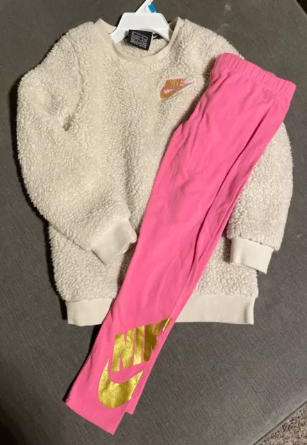 Nike Girl's 2-Piece Outfit Pink Leggings & Sherpa Sweatshirt Size 6-7 yrs