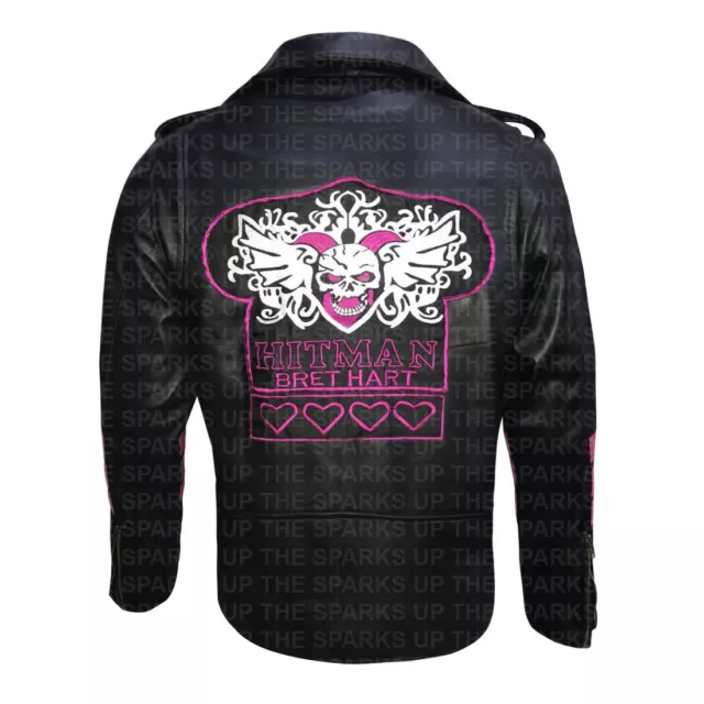 Bret Hitman Hart WWE Wrestler Famous Skull Embroidery Genuine Leather Jacket