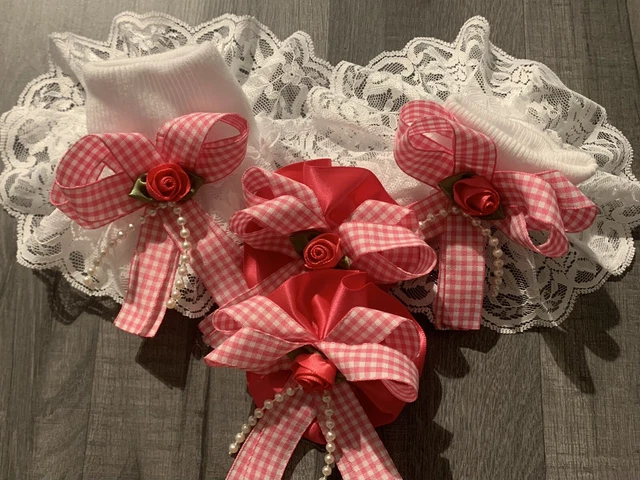 Calze scuola romane/spagnole frilly taglia 3-5,5 fiocco a quadretti e 2 clip per capelli