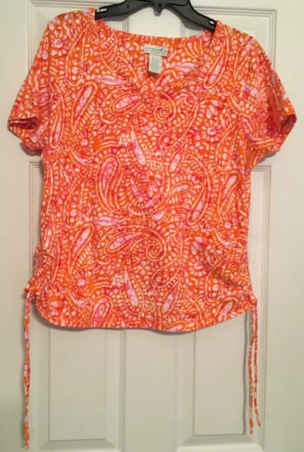 Caribbean Joe Short Sleeve Top Shirt Orange Pink White Paisley Women’s size XL