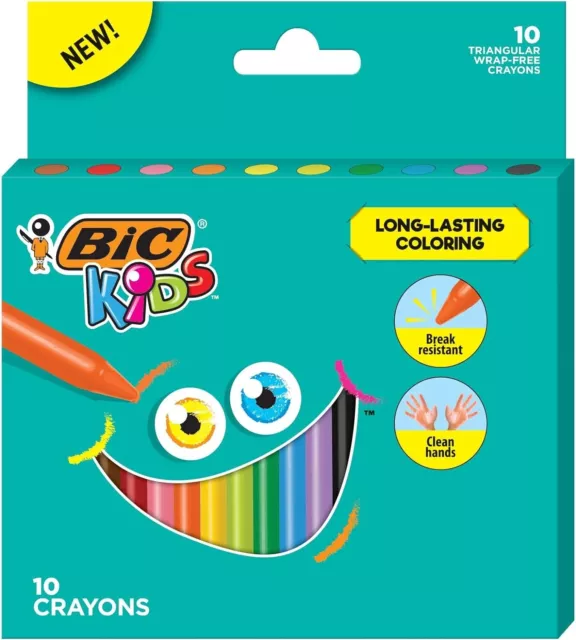 10 BIC KIDS COLOURED CRAYONS Triangular, Break Resistant, Clean Hands