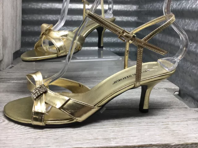 Annie Formal Sandal Vegan Gold Wedding Rhinestone Bow Kitten Heel  Size 7.5