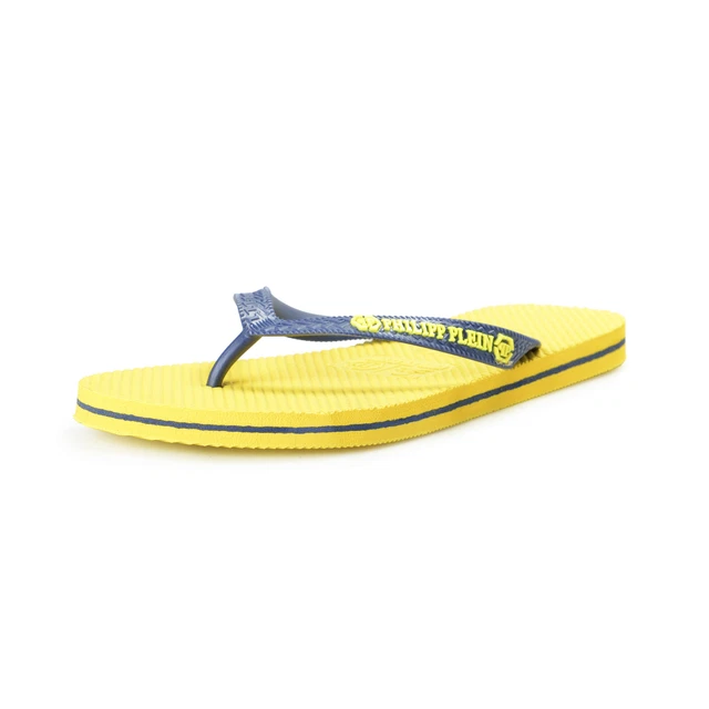 Philipp Plein Homme Jaune/Bleu Marine Caoutchouc Logo Imprimé Tongs Chaussures