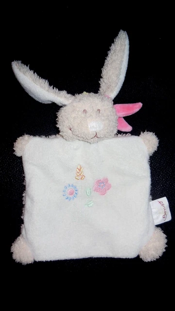doudou plat marionnette lapin blanc beige fleur BENGY - état NEUF -