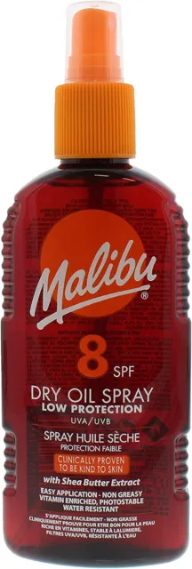 Malibu Sun LSF 8 fettfreies trockenes Ölspray zum Bräunen mit Sheabutterextrakt