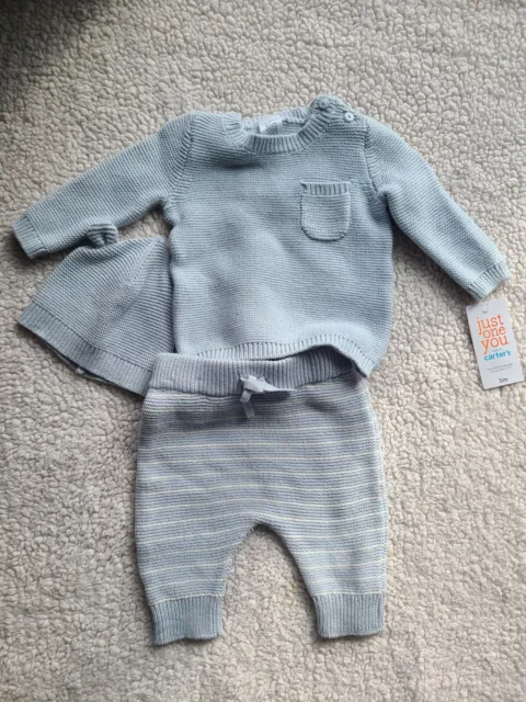 Carter’s Baby Boy’s Gray 3 Piece Set Stripes Pants Hat Sweater Knit Size- 3M NWT