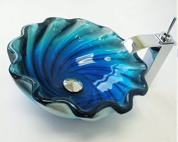 BLUE Turquoise ROUND RIPPLE EDGE GLASS BASIN SINK WASH BOWL LUXURY BATHROOM 3