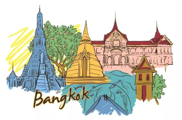 Art Postcard, Bangkok, Thailand, Landmarks, City, View, Asia, Travel BB0