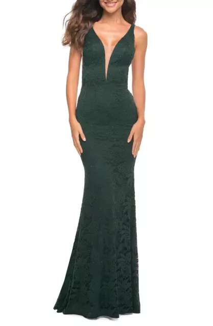 La Femme Dark Emerald Green Illusion Inset Lace Sparkle Gown Size 10 $378