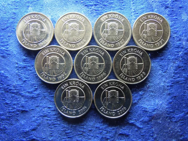 Iceland 1 Krona 1981, 1984, 1987, 1991, 1992, 1996, 1999, 2005, 2006 (9)