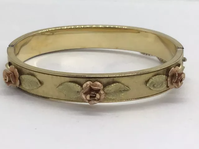 VTG KREMENTZ YELLOW Rose Gold Filled Bangle Bracelet Rose Accents