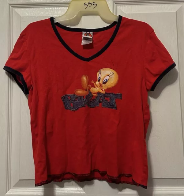 Vintage Looney Tunes Tweety Bird red t-shirt BRAT Junior Womens Large WB Y2K Tee