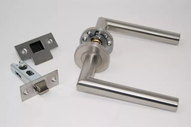 Mitred Door Handle Pack Latch Set on Sprung Rose Satin Stainless Steel