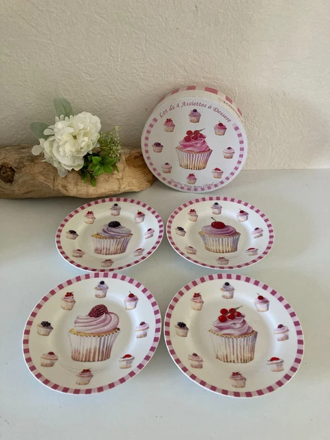 Lot De 4 Assiettes à Dessert Cupcakes - 19 Cm, Céramique, Thème Cupcake, Occasion, Marque New Bone
